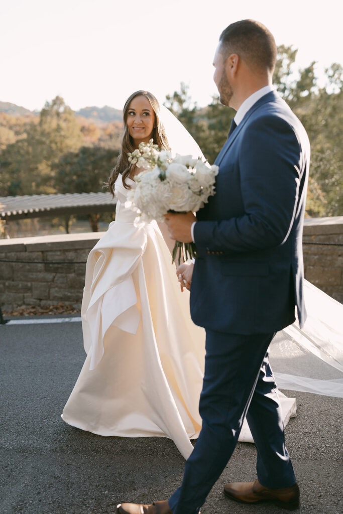 A bridal bouquet at golden hour